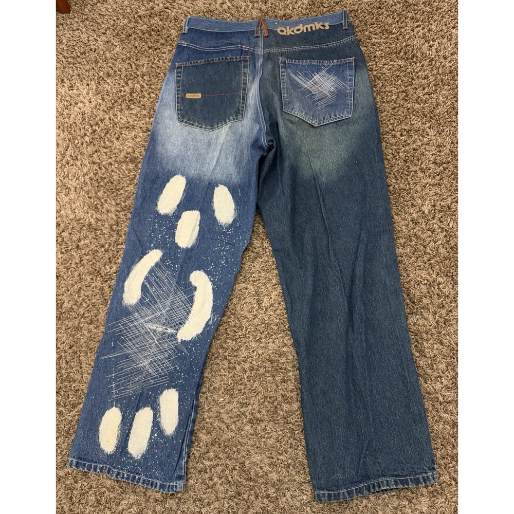 VTG Y2K Akademiks Blue Jeans Embroidery Bleach Spotted Hip Hop Baggy Mens 36x32